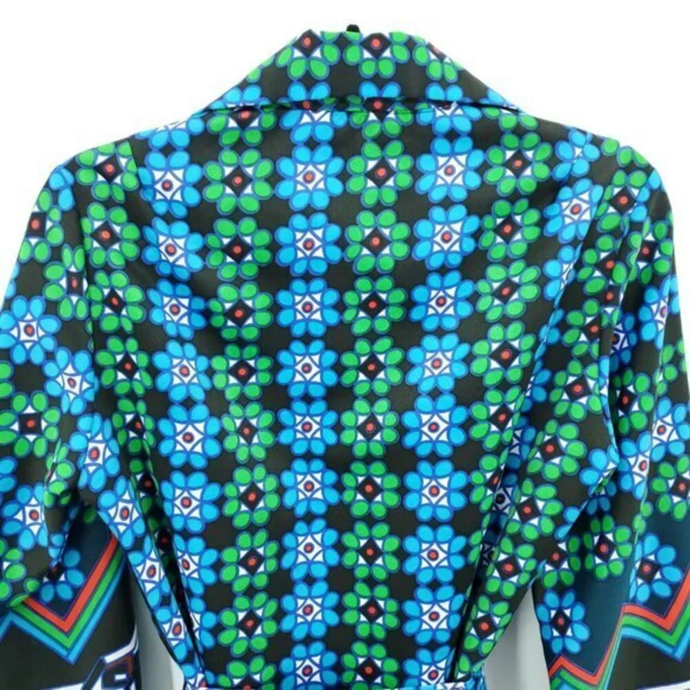 VTG Lanvin Spread Collar Patterned Self-Belt Shirt Dress M/L Blue/Green Print